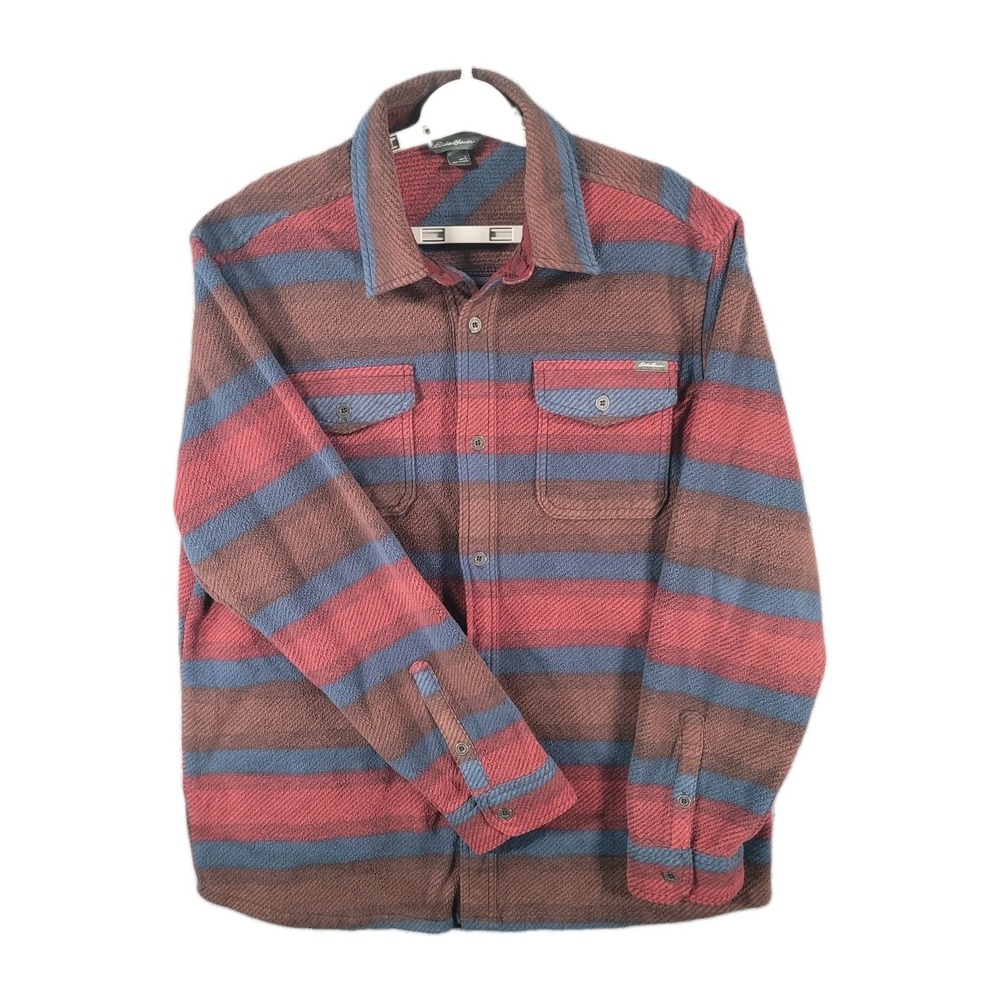 Eddie Bauer Shirt Jacket Mens Large Brown Red Blue Plaid Shacket Flannel Button